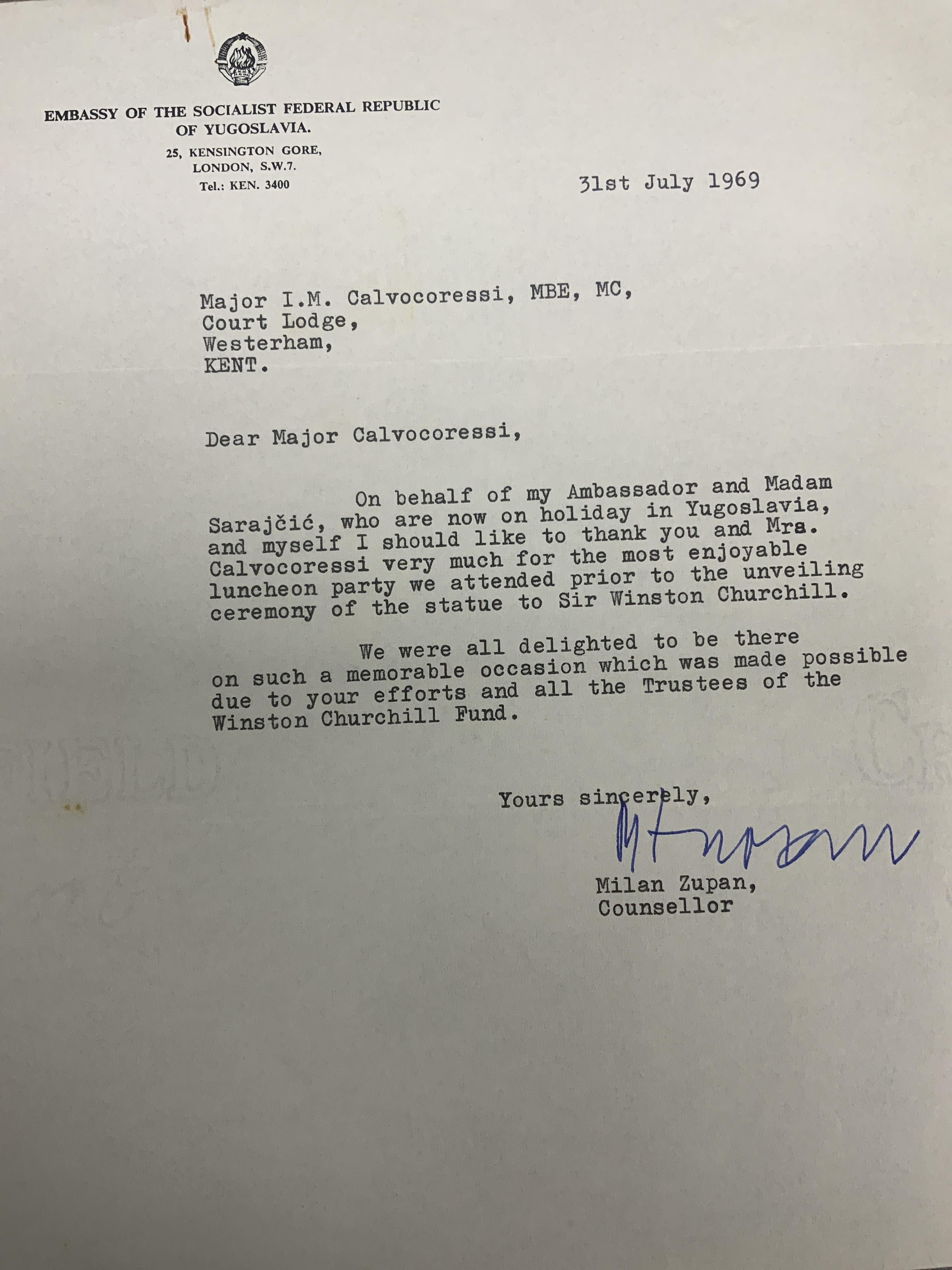 A collection of letters and other memorabilia regarding the unveiling of the Oscar Nemon (1906-1985) bronze statue of the seated figure of Sir Winston Churchill on The Green